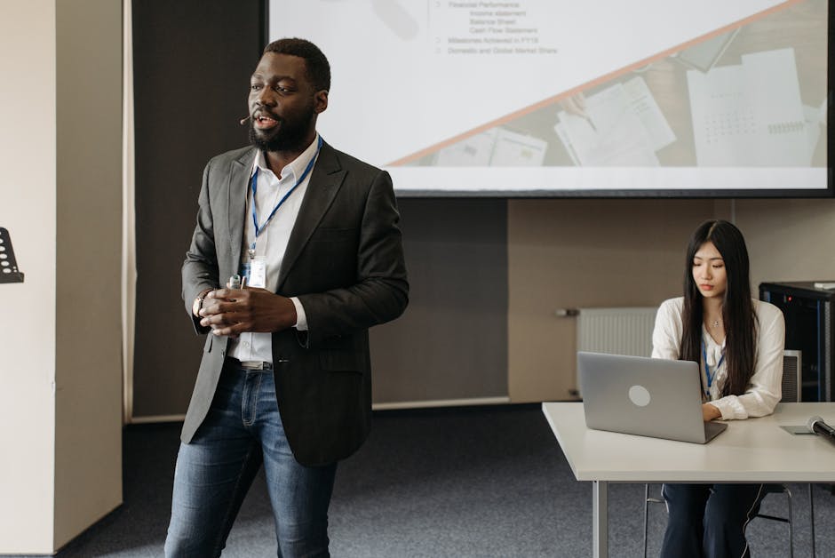 A professional presentation featuring a diverse team in a modern office setup.