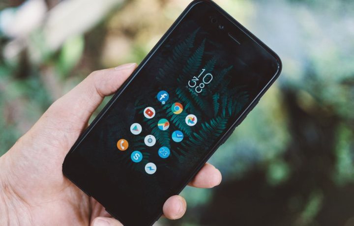 Close-up of a hand holding a smartphone with app icons and a nature wallpaper.