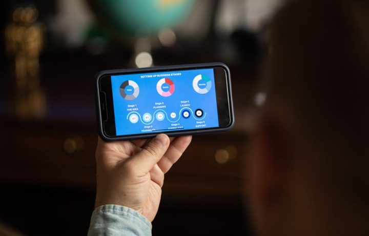 A person holds a smartphone displaying business strategy stages chart indoors.