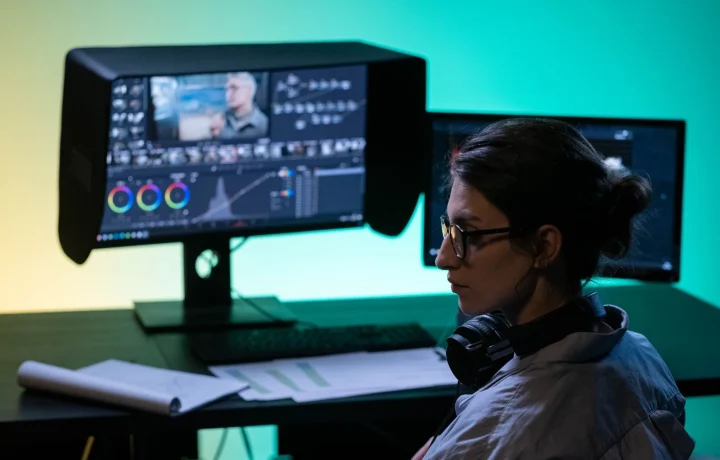 Video editor using smart teleprompters in a vibrant dual-screen workspace for enhanced productivity