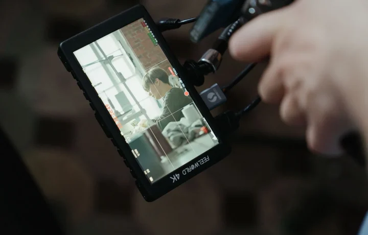 A close-up of a 4K camera screen showcasing a video shoot setup, emphasizing the use of teleprompter for video formats