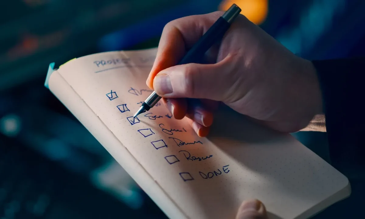 A hand writing a checklist in a notebook, highlighting essential tips for productivity and organization