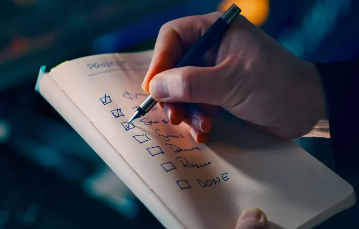 A hand writing a checklist in a notebook, highlighting essential tips for productivity and organization