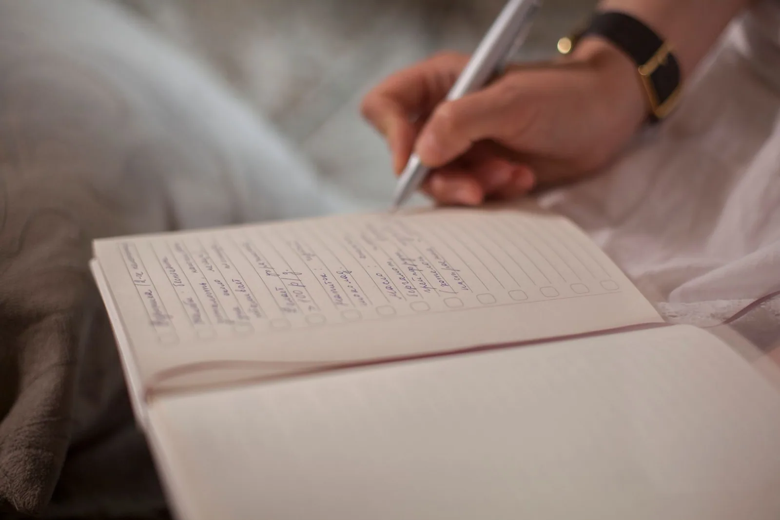 A hand writing notes in a lined notebook while practicing prompts for teleprompter tips for beginners