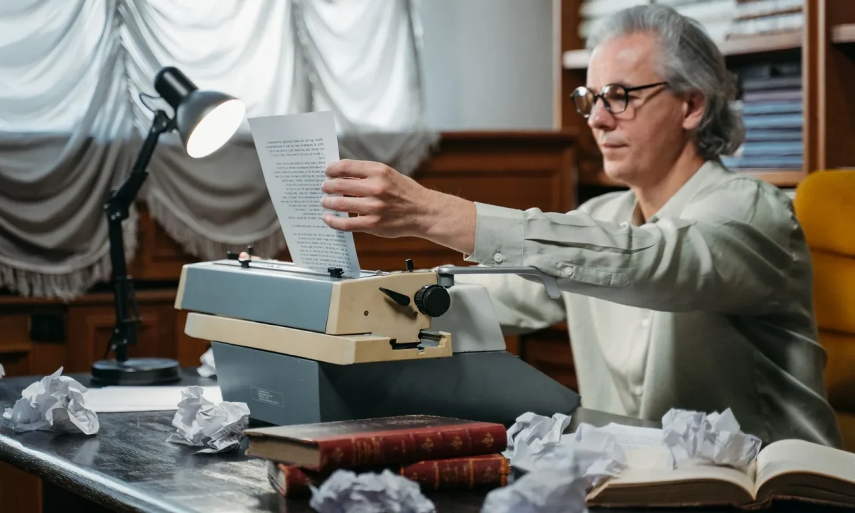 Script writing for teleprompters begins with an elderly man typing at