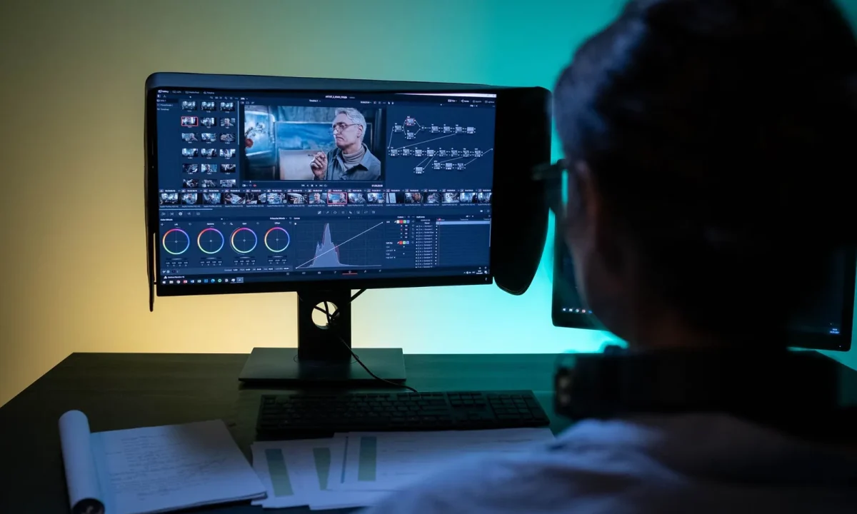 Woman editing video content in a dimly lit room, utilizing a teleprompter for video formats effectively