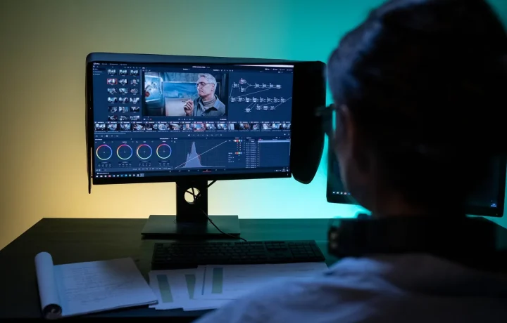 Woman editing video content in a dimly lit room, utilizing a teleprompter for video formats effectively